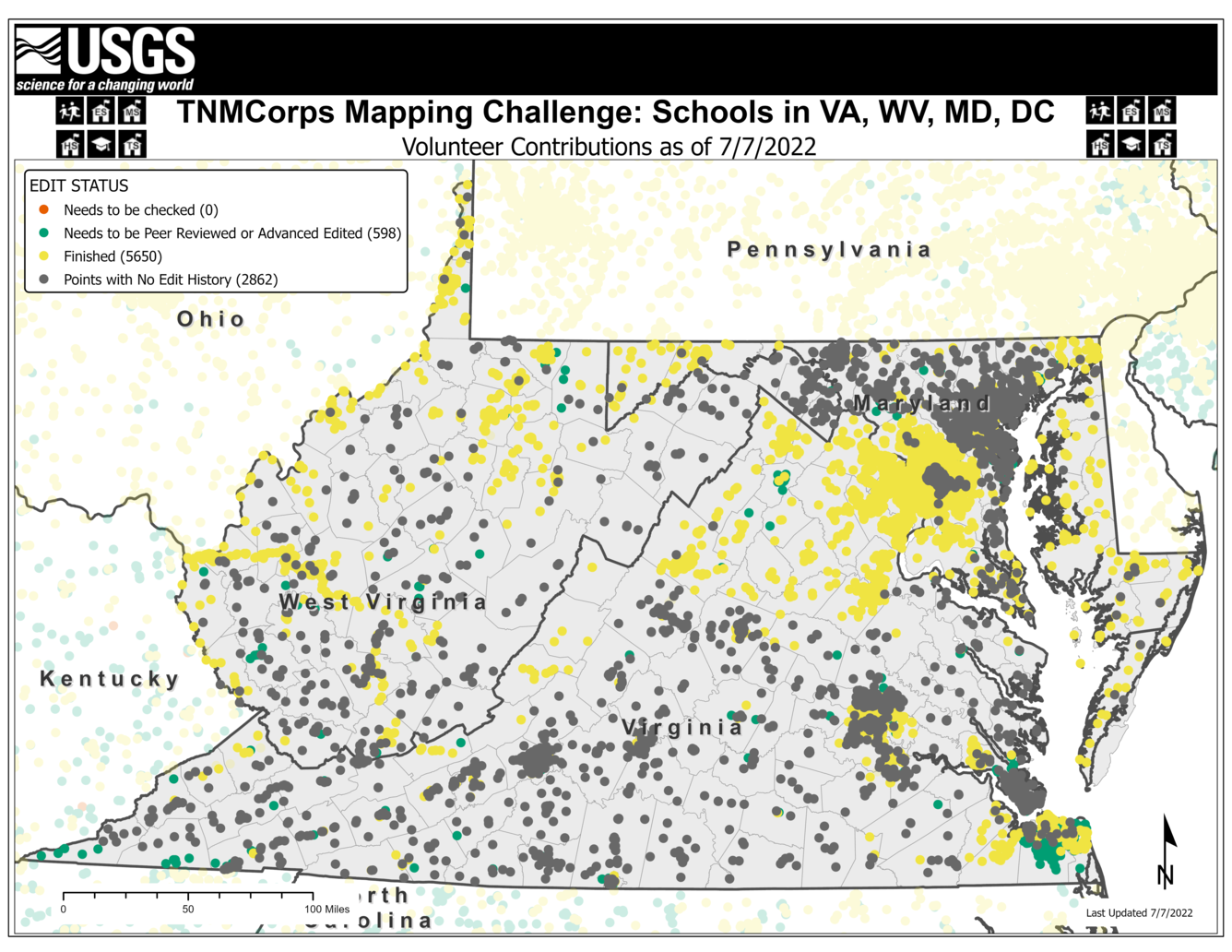 TNMCorps Mapping Challenge: Schools with No Edit History in Virginia, West Virginia, Maryland, and Washington,  (07/07/2022) 
