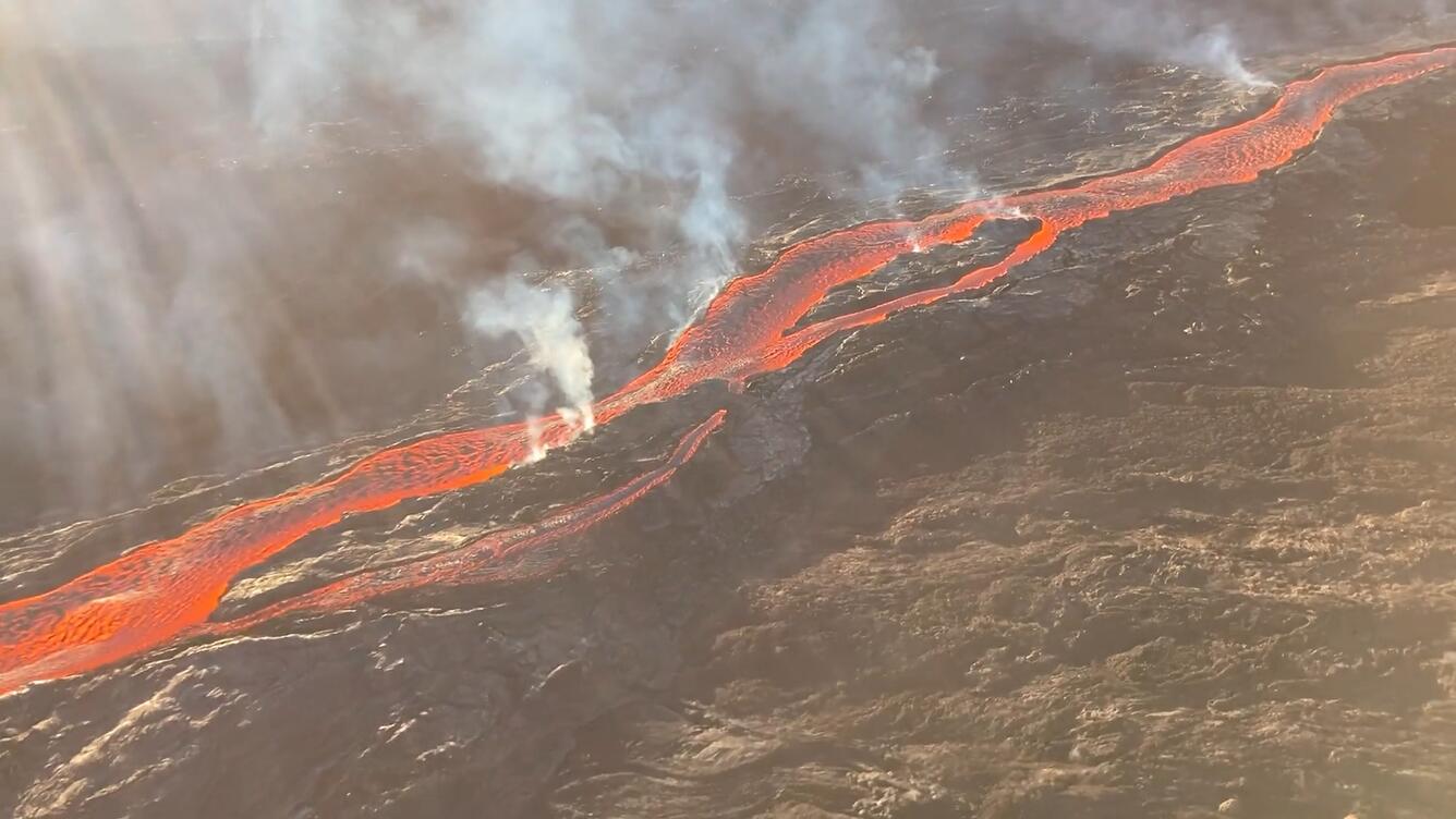 Aerial view of lava flowing