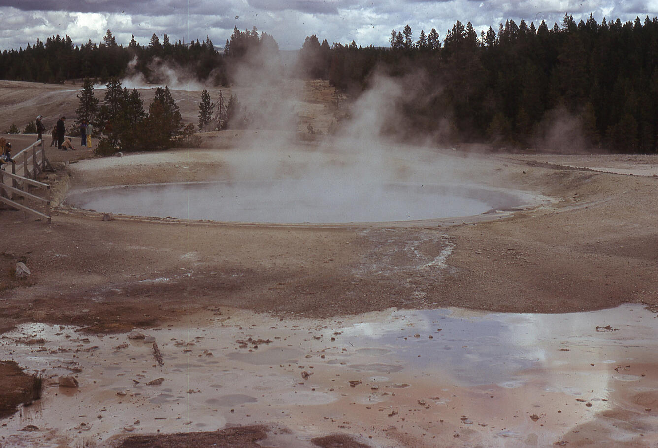 Muddy thermal discharge near Congress Pool in Norris Geyser Basin following the 1975 Yellowstone National Park earthquake