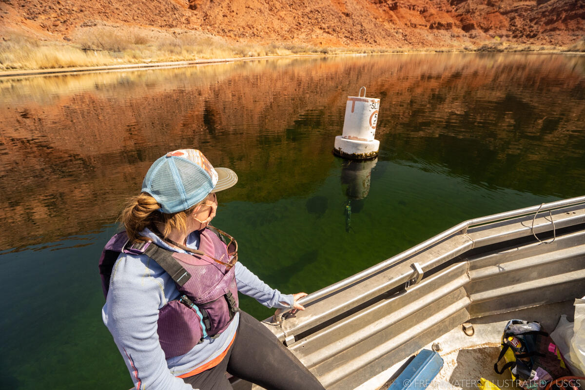 A USGS researcher is on a boat on the Colorado River, Glen Canyon looking a sonde, used for metabolism monitoring