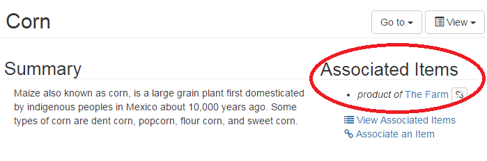 Screenshot showing a ScienceBase page and the Associated Items. In this example, Corn is a product of The Farm.