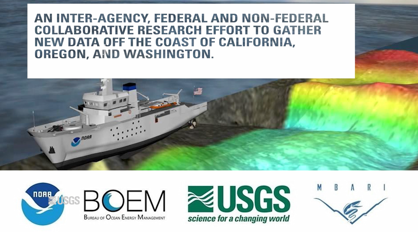 Image showing NOAA research vessel with logos of NOAA, BOEM, USGS and MBARI