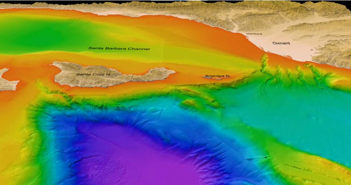 A virtual "flight" over seafloor features in Southern California as if the water has been drained away