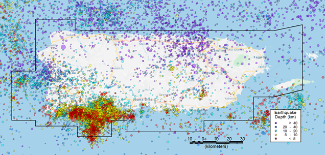 Image shows a map of Puerto Rico with earthquakes marked with colored circles and a black box where the surveys will happen