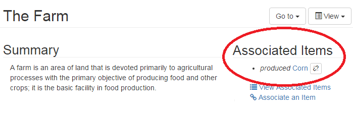 Screenshot showing a ScienceBase page and the Associated Items. In this example, The Farm produced Corn.