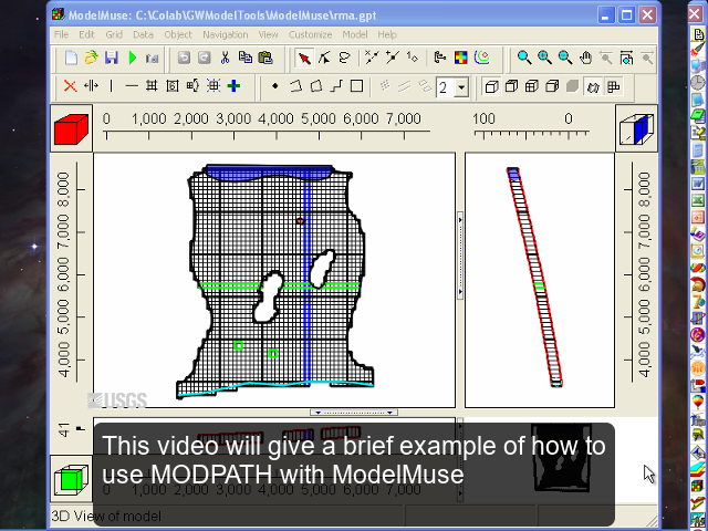Screen capture of ModelMuse with the words "This video will give a brief example of how to use MODPATH with ModelMuse."