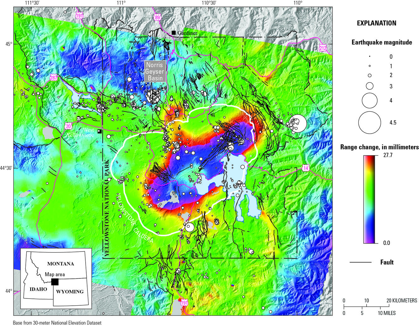 Yellowstone interferogram from Sentinel-1 spanning September 29, 2021, to October 6, 2022