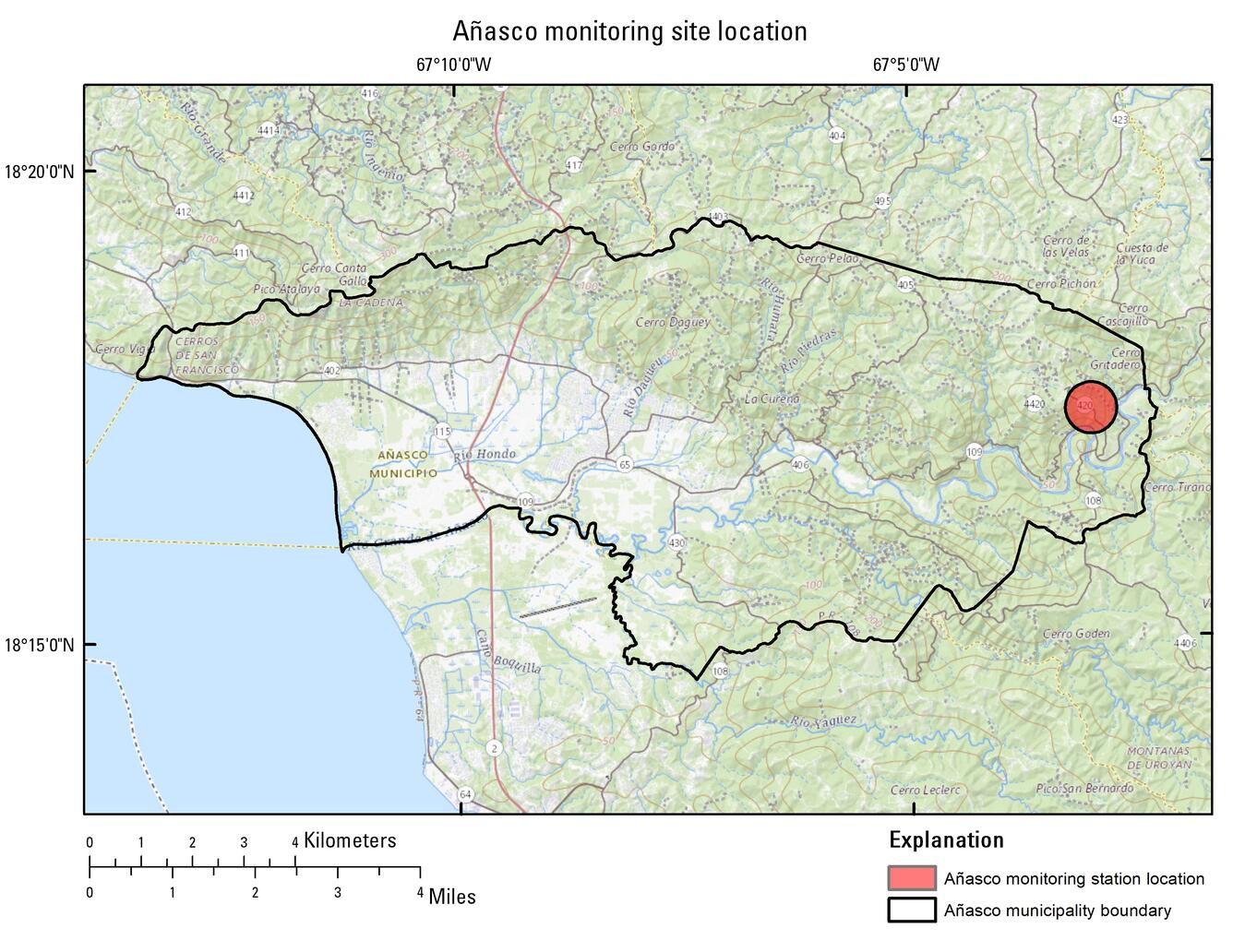 Map of Añasco monitoring site location and municipality boundary