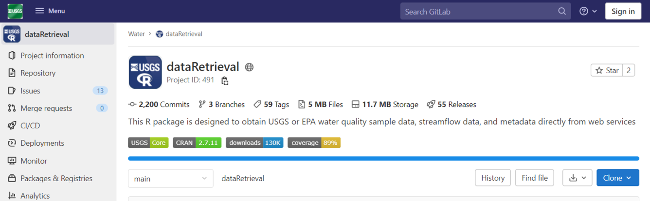 Screenshot of the dataRetrieval R package code repository.
