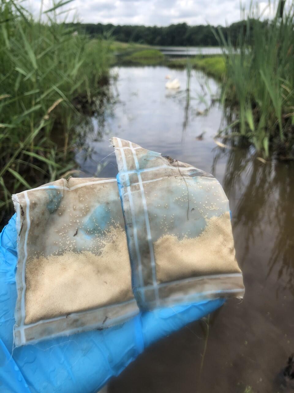 Scientists gloved hands holding sample bag collected from the river in the background