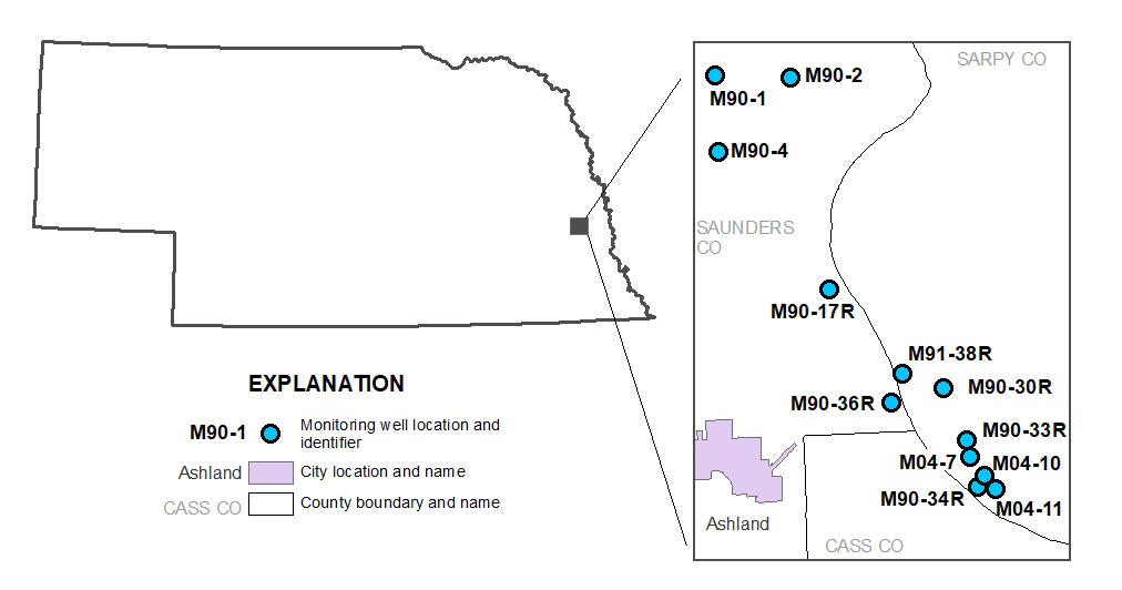 Map of groundwater wells near Ashland, Nebraska