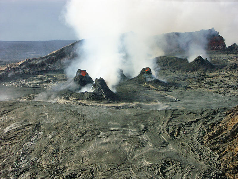 This is a photo of spatter cones in Pu`u `O`o's crater.