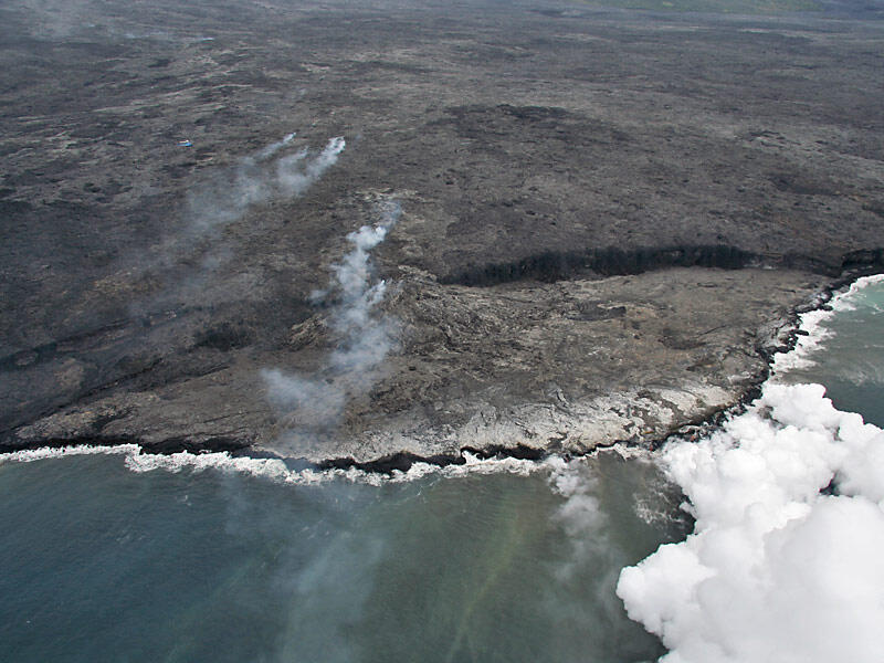 This is a photo of an aerial view looking at East Lae`apuki lava delta.