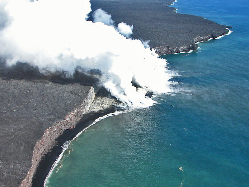 This is a photo of a long-shore view of East Lae`apuki lava delta, looking east.