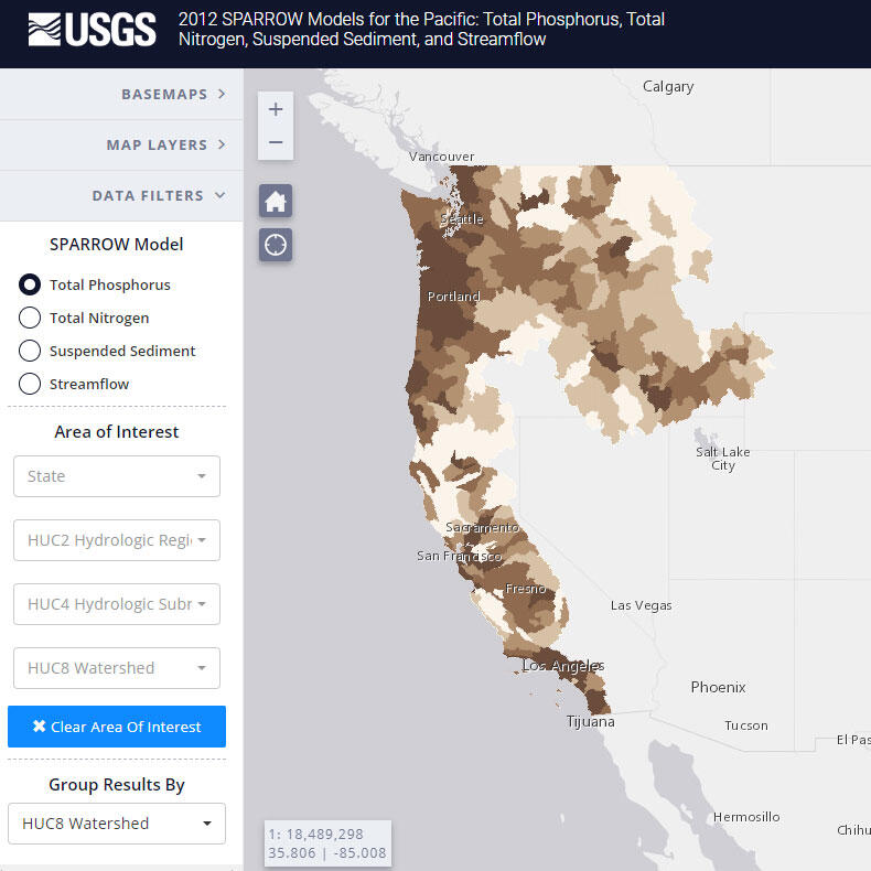 Screenshot of web map and map controls; shaded areas show total phosphorus levels in Pacific US streams