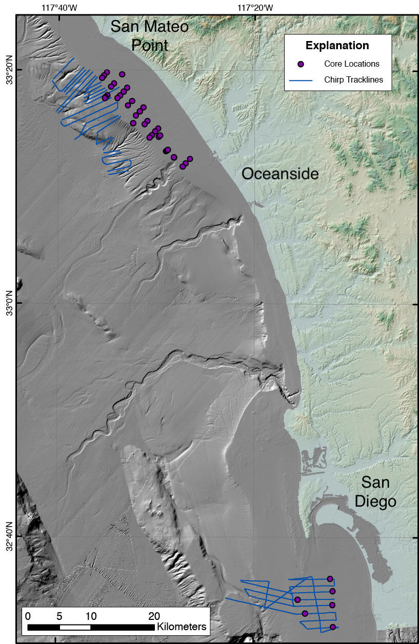 Map shows an area off a coast with dots in the ocean to show where core samples have been collected.