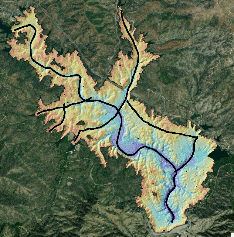 A map of a lake that shows the depth of the water, plus the lines that a boat followed while collecting data.