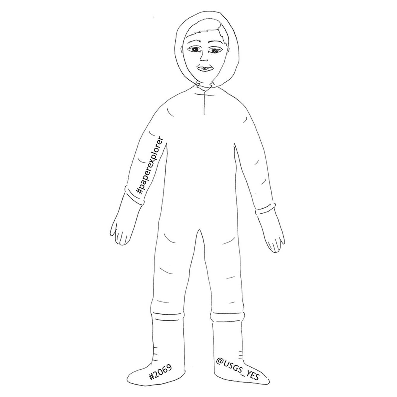 This image is a black-and-white pen sketch of a human wearing a clear helmet, boots, and gloves to represent a future explorer.