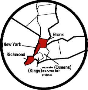 outlined map of Richmond,NY, Bronx Counties with study area in red