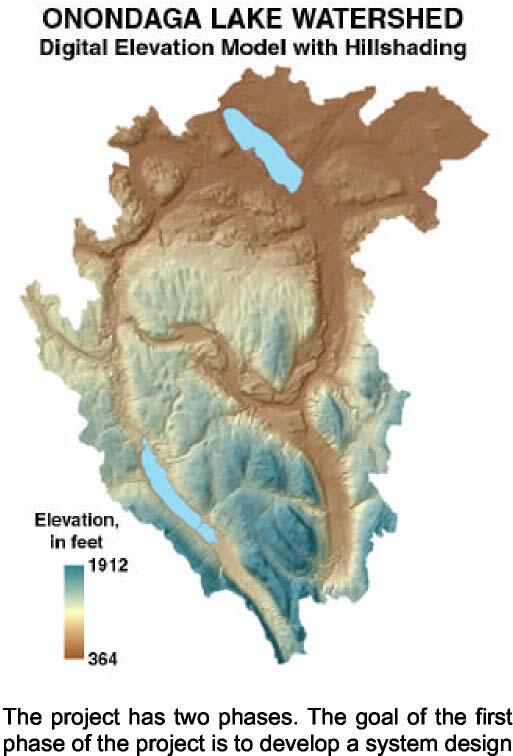 brown and blue model  illustration of Onondaga Lake watershed