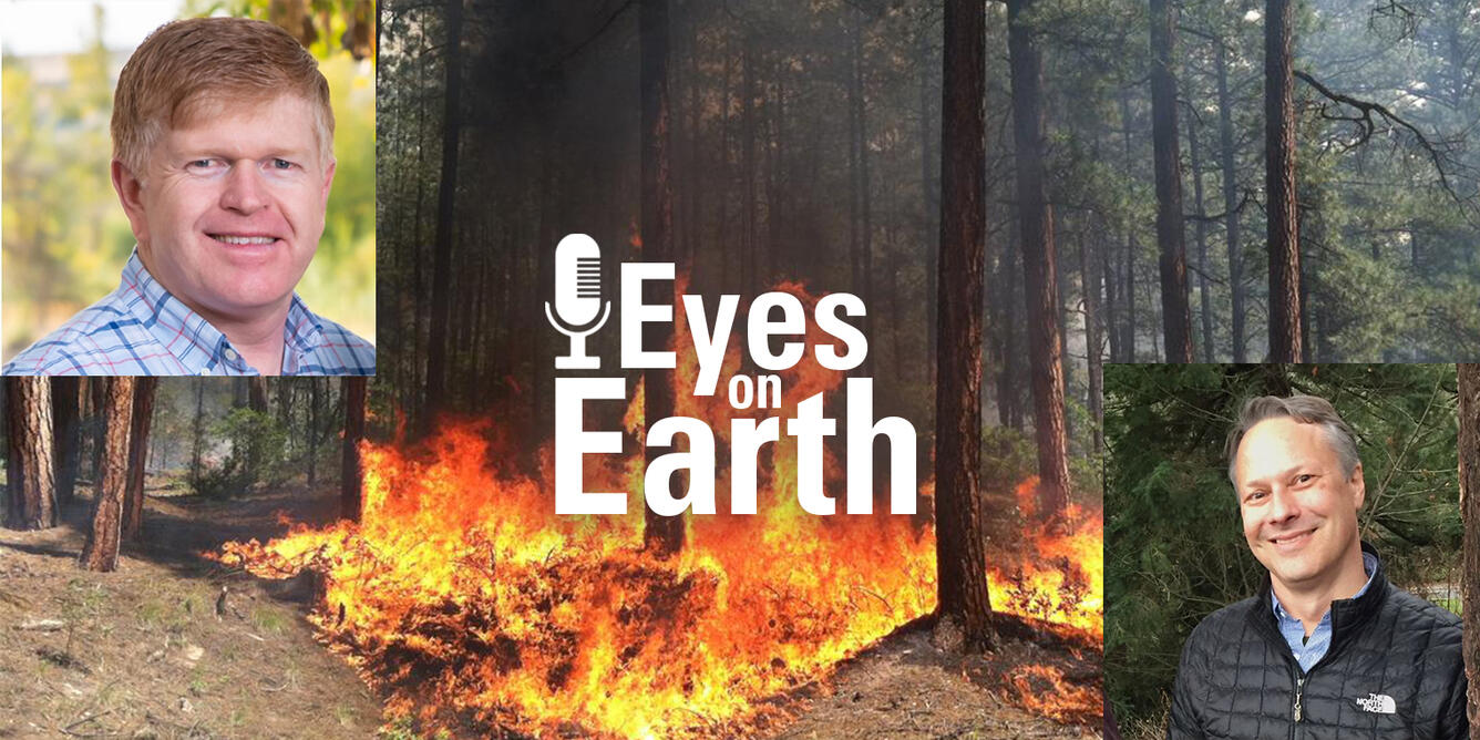 Color photo of Henry Bastian and Frank Fay with USGS EROS Eyes on Earth podcast logo