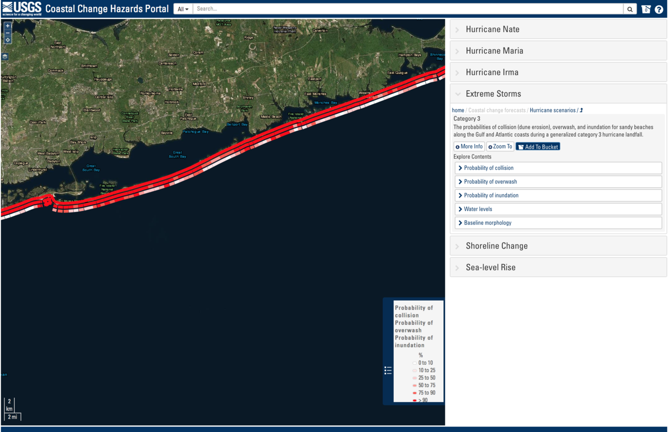 Coastal Change Hazards Portal showing probabilities of collision, overwash, and inundation at Fire Island during a Category 3 hu