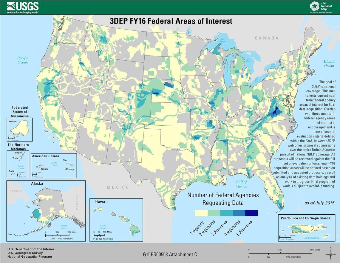 Map of 3DEP FY16 Federal Priority Areas of Interest