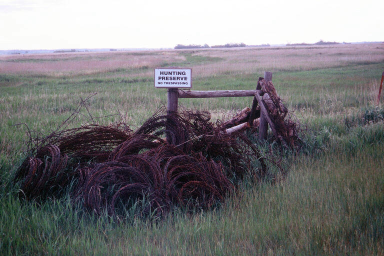 A picture of a hunting preserve sign in a grass/shrub area