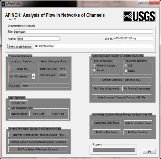 Image of interface of AFINCH:  Analysis of Flow in Networks of Channels
