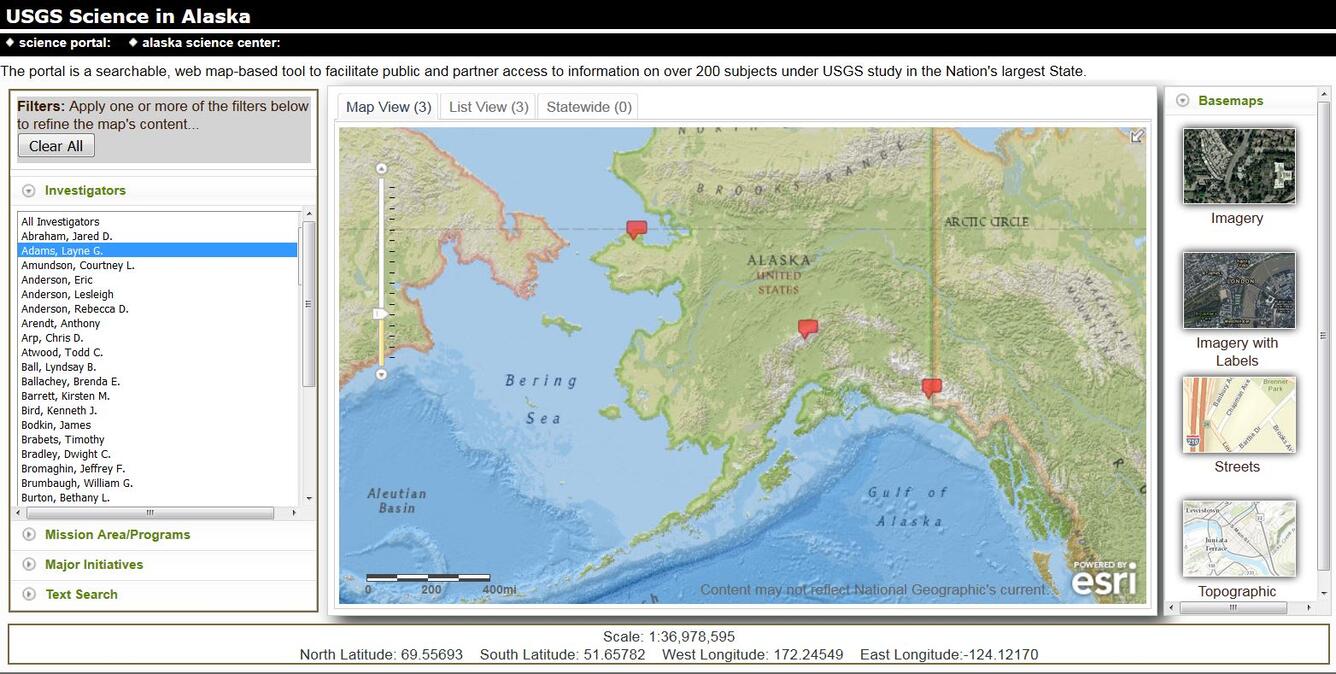 USGS Science in Alaska Portal. Search for information on over 200 subjects under USGS study in the Nations's largest State.