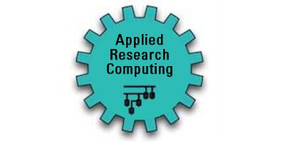 Teal colored gear with text that reads Applied Research Computing