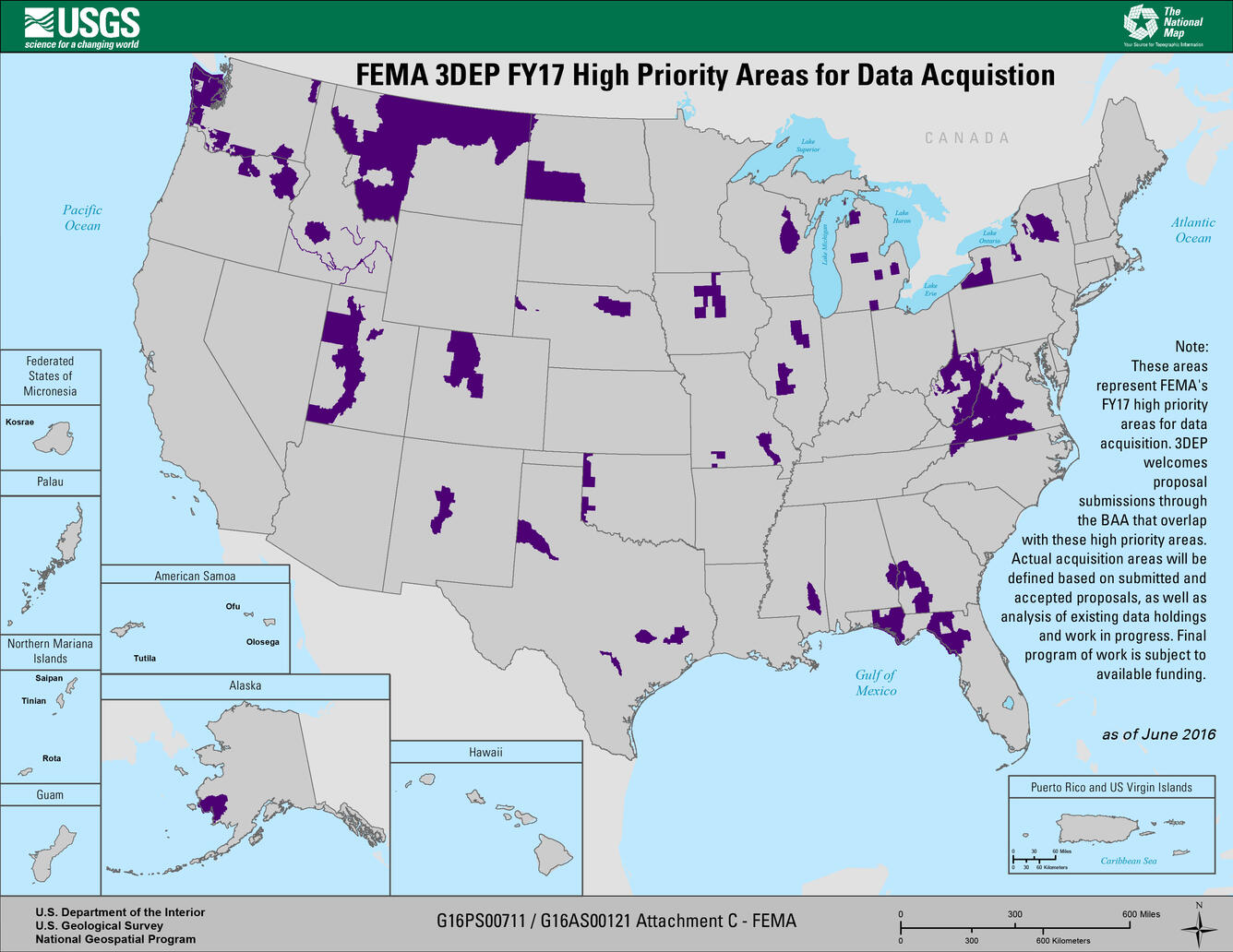 Map showing FEMA 3DEP FY17 High Priority Areas for Data Acquisition