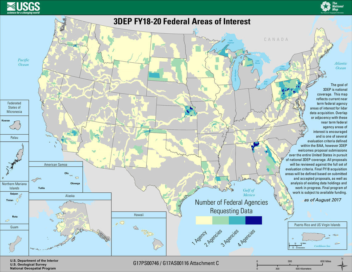 Map of 3DEP FY18 Federal Priority Areas of Interest