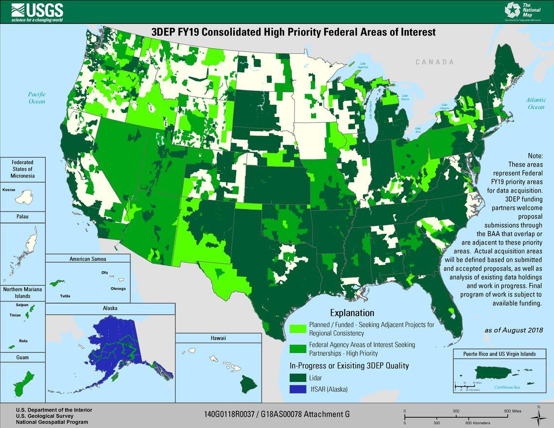 3DEP FY19 Federal Priority Areas of Interest Map
