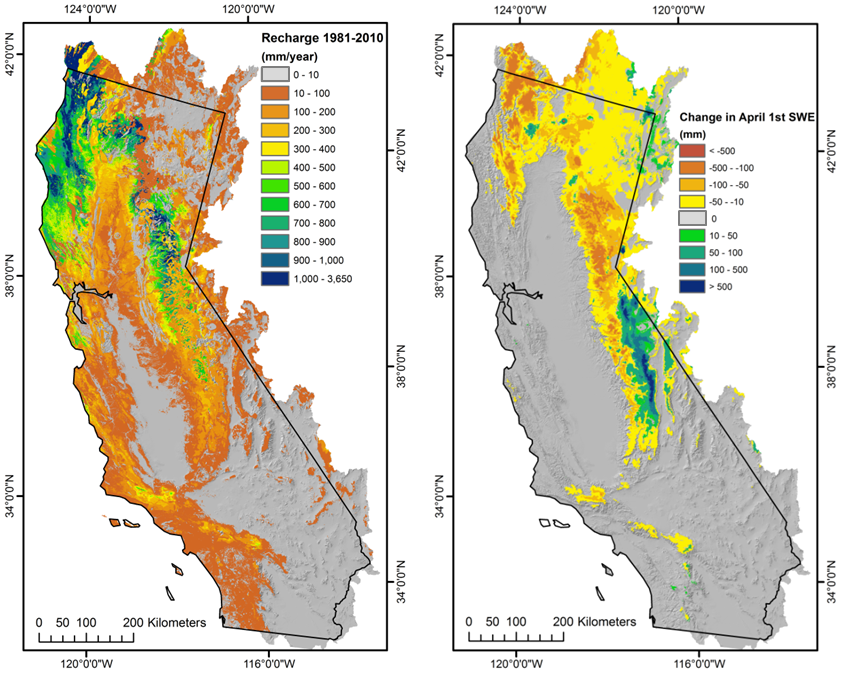 Maps of hydrologic output variables for (a) average recharge for water years 1981-2010 an