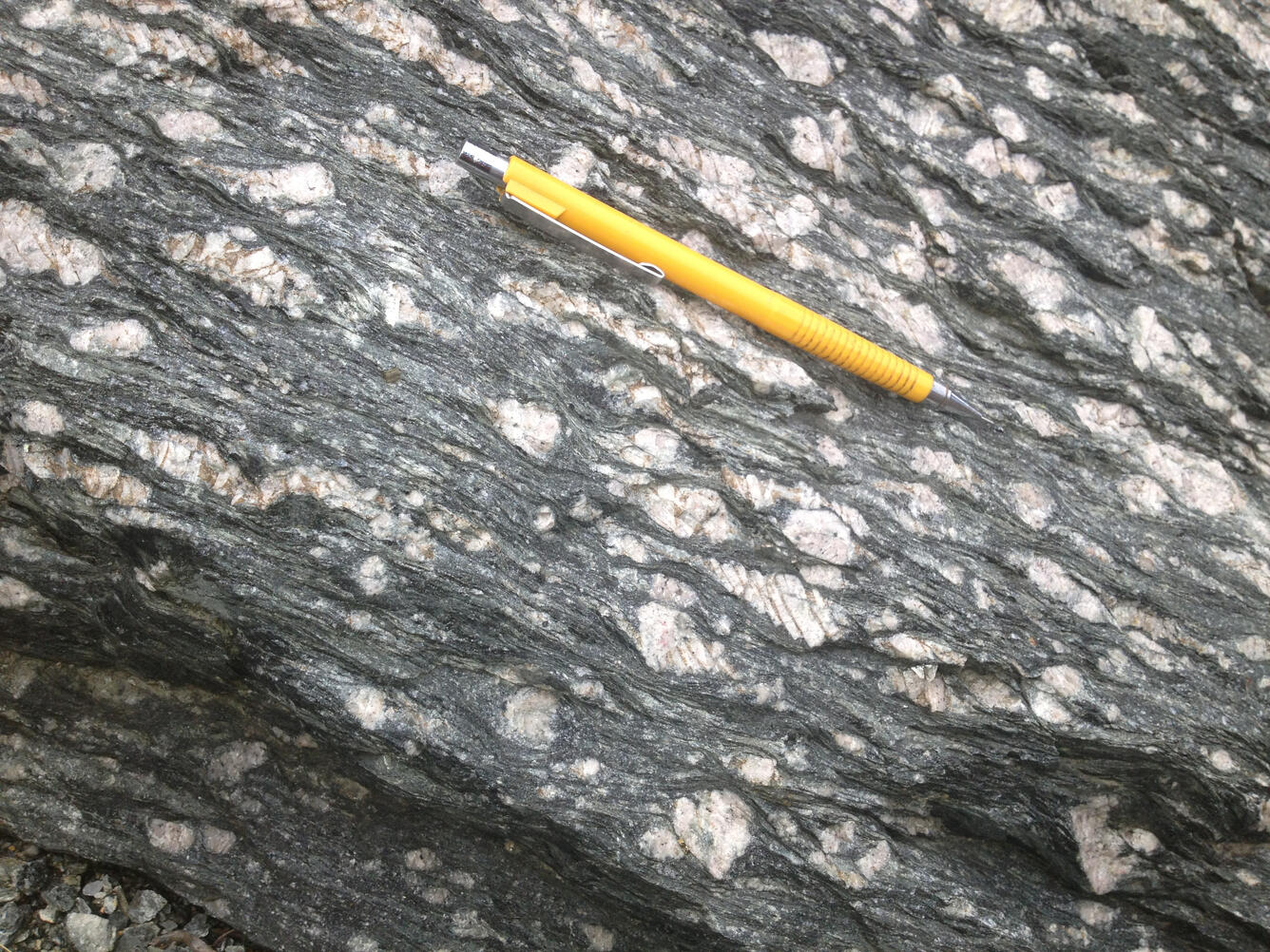 Feldspar crystals are sheared and fractured during deformation in the Blue Ridge. A pencil  lies on top for reference.