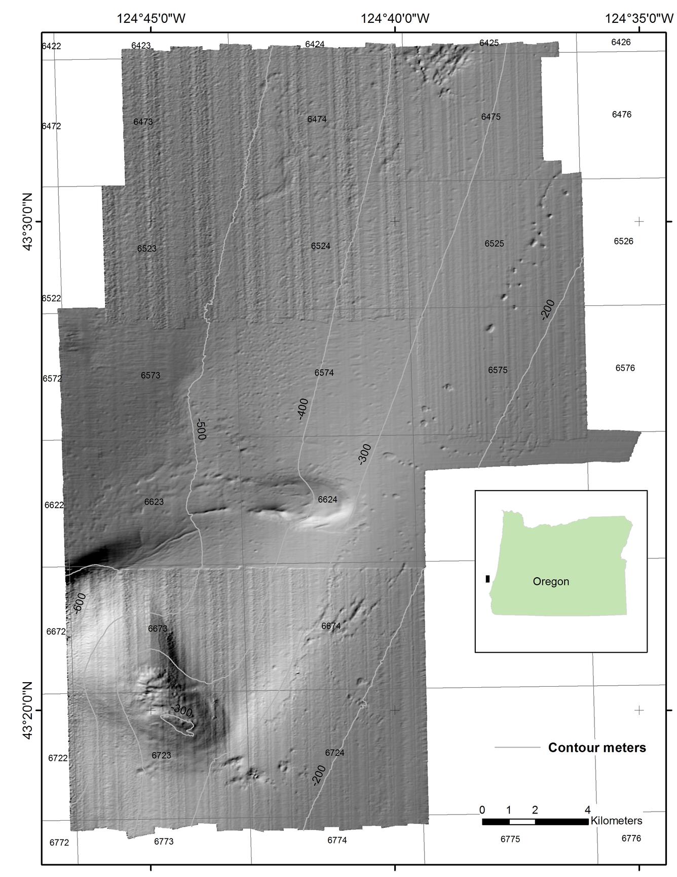 Illustration of bathymetry hillshade offshore of Oregon shows the contours of the seafloor in shades of gray.