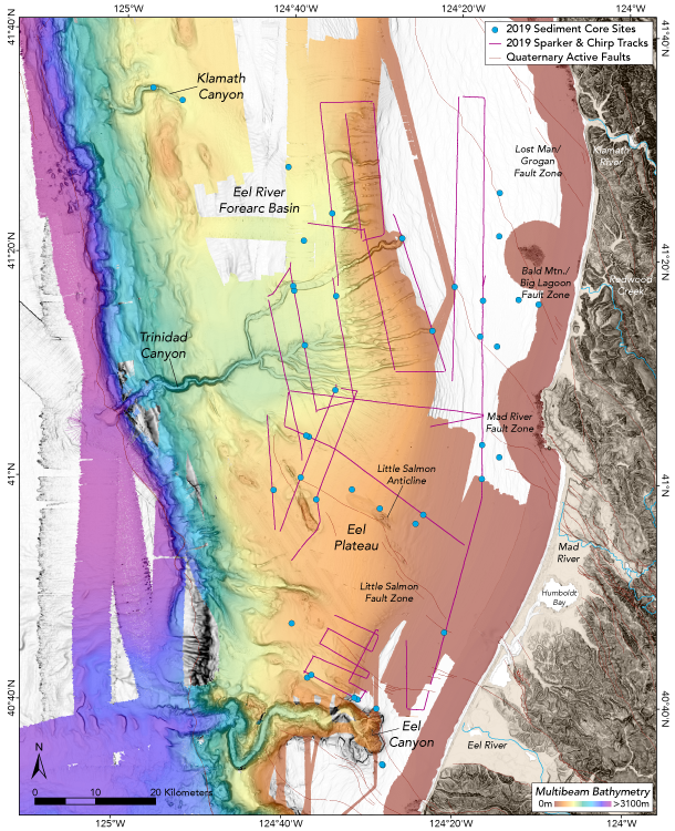 Illustration of the seafloor off the coast with areas highlighted to show detail.