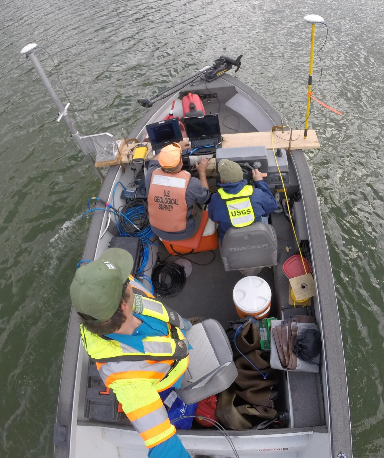 USGS personnel collecting bathymetry data.
