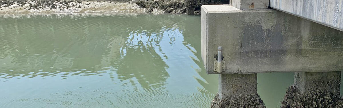  A USGS storm tide sensor is attached to a bridge and will measure the impacts of Hurricane Isaias. 