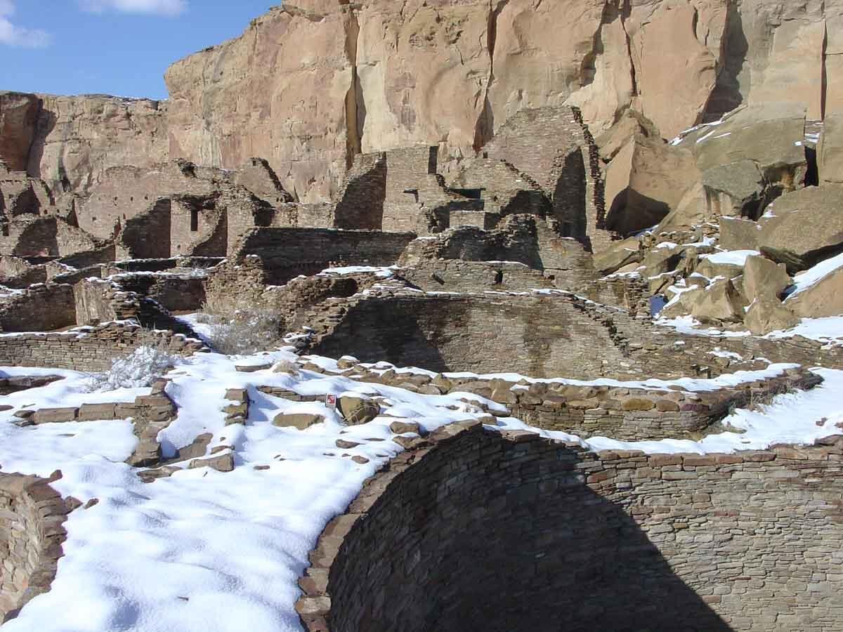 This is a photo of Pueblo Bonito after a snowfall.