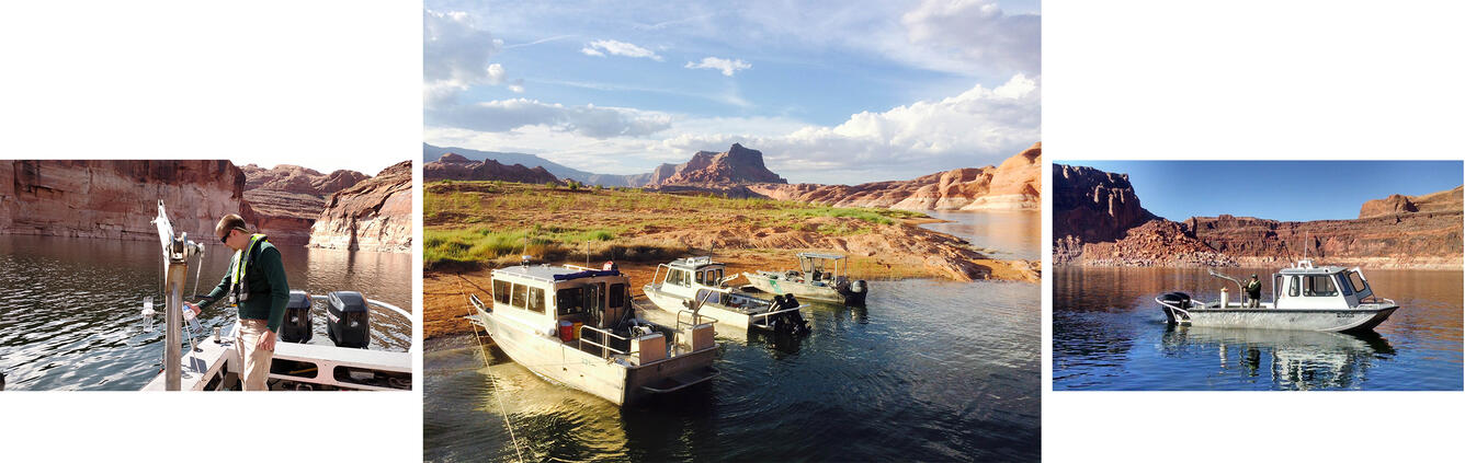 Deploying sediment traps on Lake Powell and NPS and USGS beached boats on gorgeous Lake Powell day.
