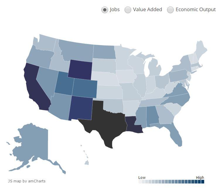 A Department of the Interior Data Visualization screen shot of a map of the U.S. showing jobs form DOI economic contributions.