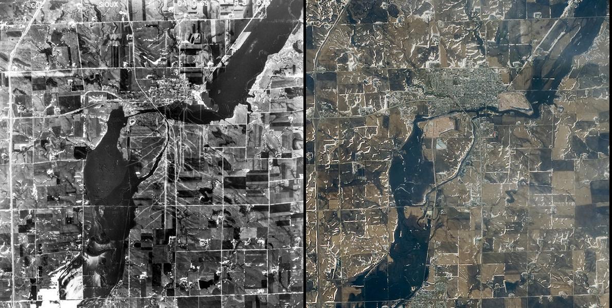 Satellite image showing differences in flooding from 1969 to 2019.