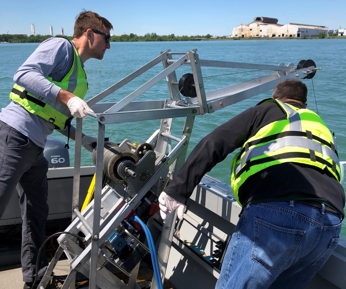 Sampling taking place on the Detroit river in support of the Great Lakes Restoration Initiative project