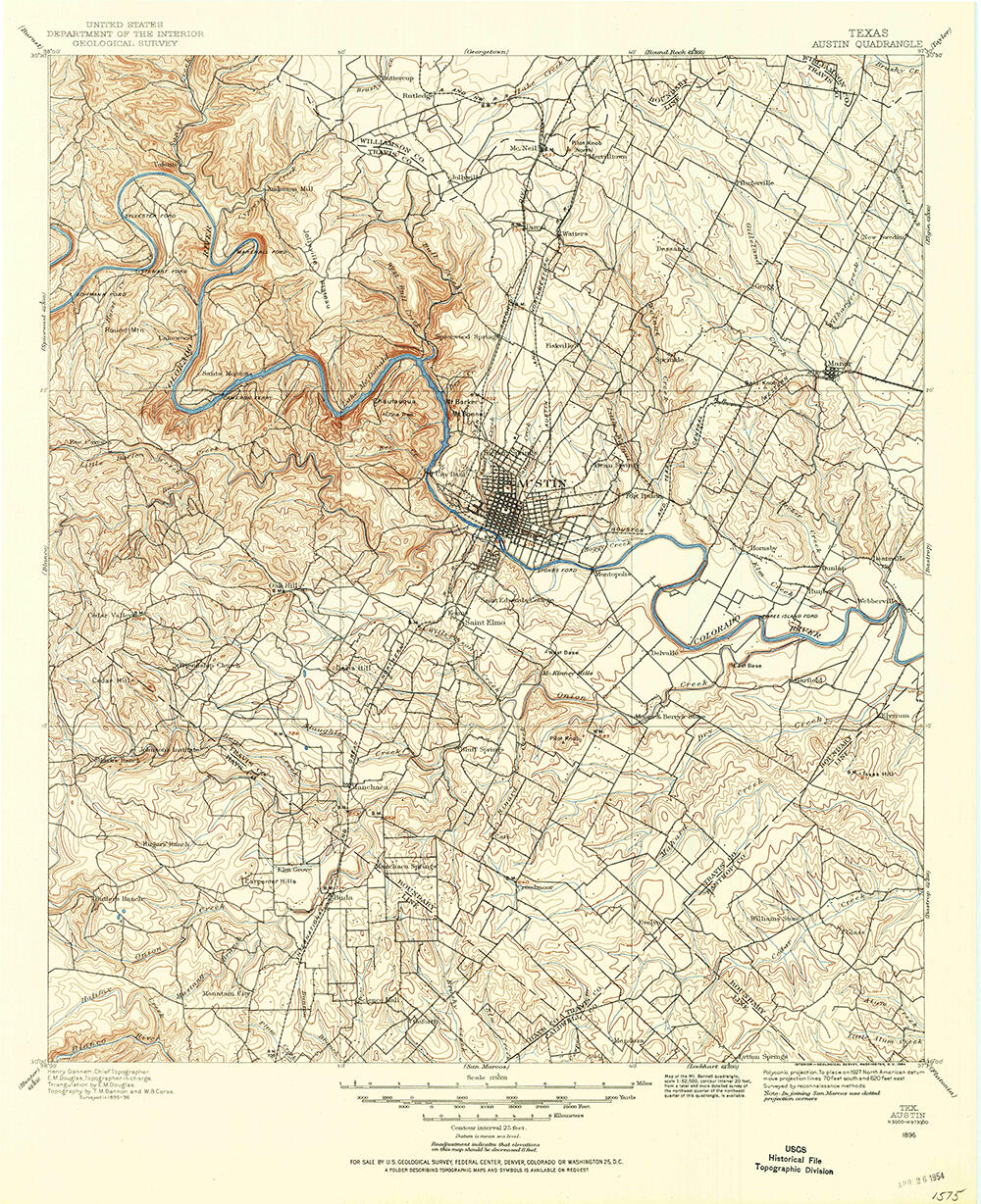 Scan of the1886 legacy topographic map quadrangle of the greater Austin, Texas area from the USGS Historic Topographic Map Colle