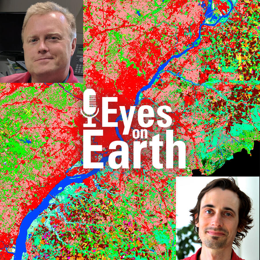 Terry Sohl and Jordan Dornbierer with the logo for the USGS EROS podcast "Eyes on Earth"