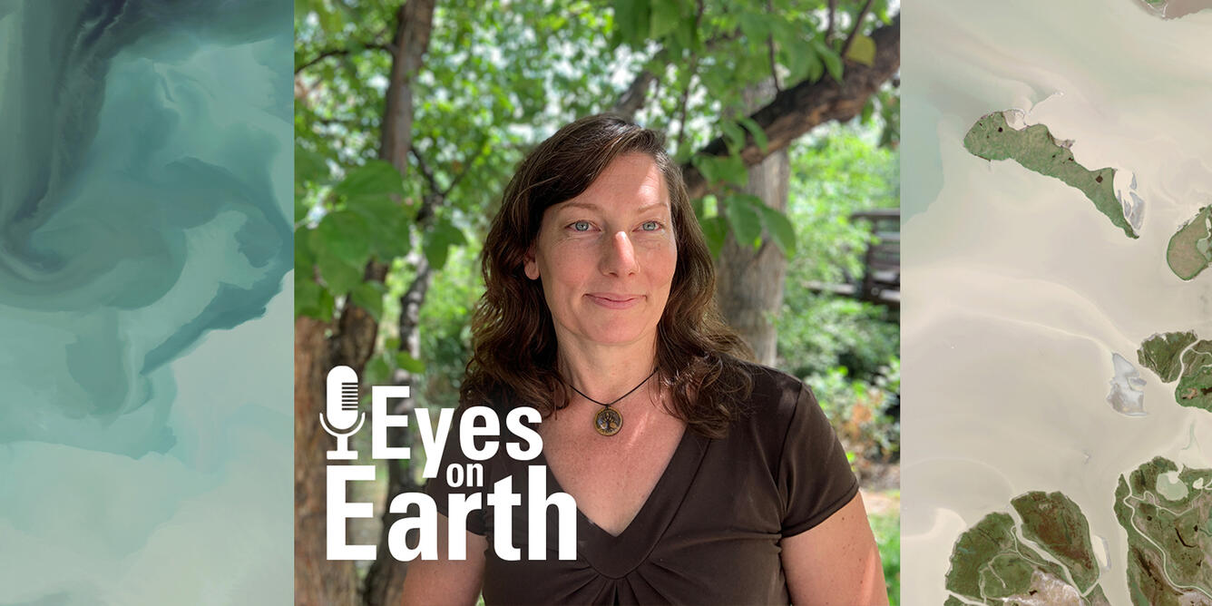 Color photo of Karen Schleeweis with the logo for the USGS EROS podcast Eyes on Earth