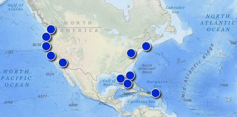 Map of North America with dots in coastal areas showing locations of USGS field work from October to December 2019.