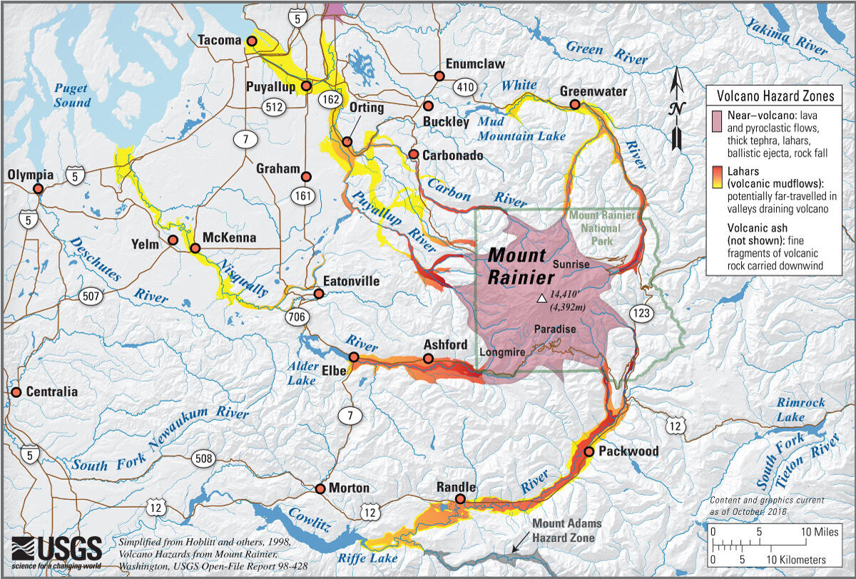map of Mount Rainier area showing hazards as different colors